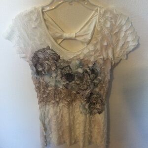 Studio Y Elegant Chic Cream Floral Women's Ruffle Open Back Top Size Small